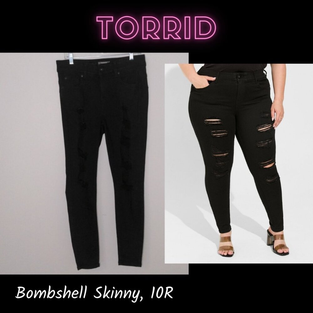E/VGUC✨ TORRID black 10R Bombshell Skinny High-Rise Destructed stretchy Jean